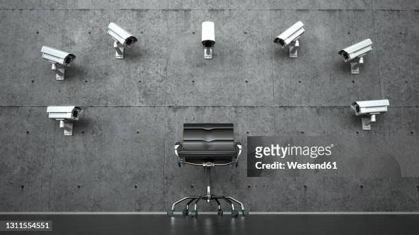 illustrazioni stock, clip art, cartoni animati e icone di tendenza di three dimensional render of security cameras pointed at empty office chair - sorveglianza