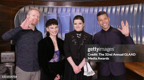 In this screengrab released on April 8, Anthony Rapp, Ian Alexander, Blu del Barrio, and Wilson Cruz attend The 32nd Annual GLAAD Media Awards...