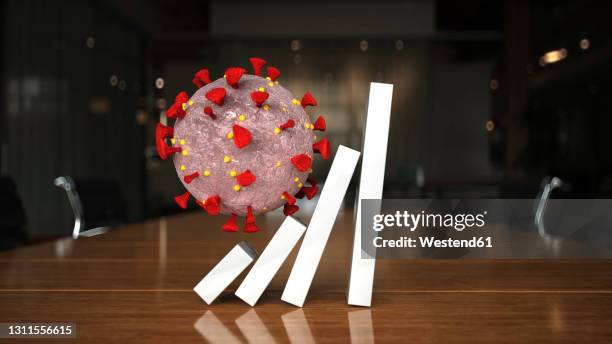 three dimensional render of coronavirus cell pushing domino pieces representing escalating crisis - dominoes effect stock illustrations