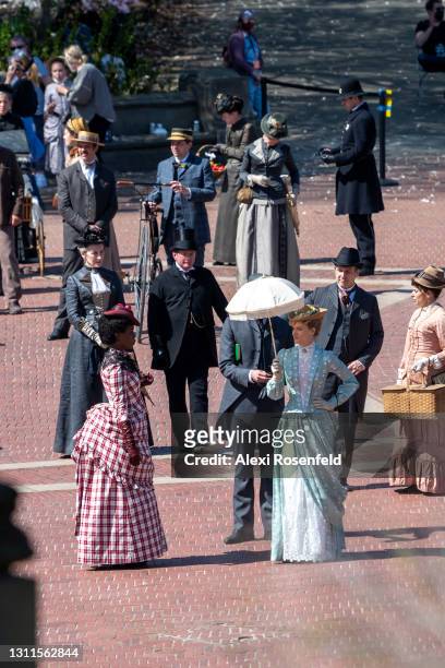 Denee Benton and Louisa Jacobson are seen on the film set of "The Gilded Age" at the Bethesda Fountain, Central Park on April 08, 2021 in New York...