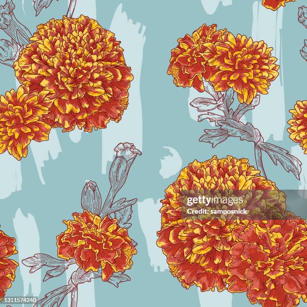 seamless marigold line art floral pattern - orange marigold stock illustrations