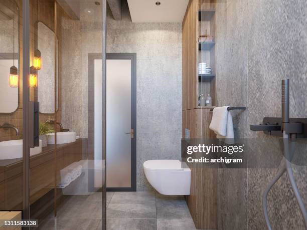 interior design. architecture. computer generated image of bathroom. architectural visualization. 3d rendering. - 3d render object stock pictures, royalty-free photos & images