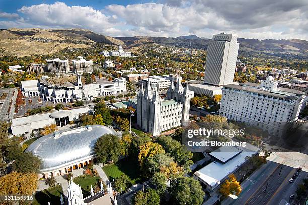 Buildings stand in the skyline of Salt Lake City, Utah, U.S., on Wednesday, Oct. 26, 2011. Dallin H. Oaks, a member of the governing body of the...