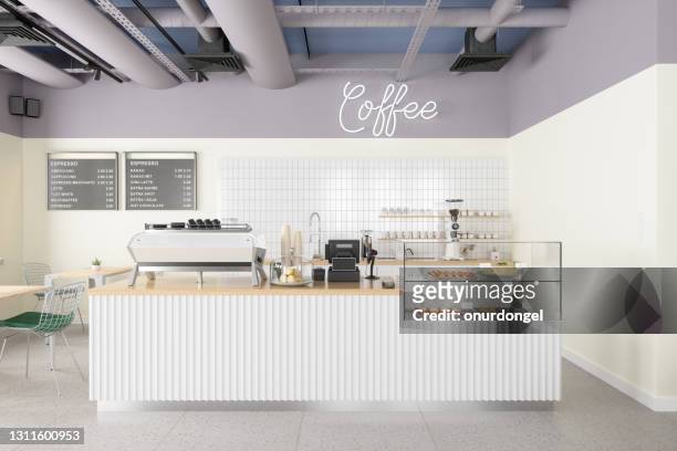 interni della caffetteria vuota con caffettiera, pasticcini, dessert e menu sul muro - negozio foto e immagini stock