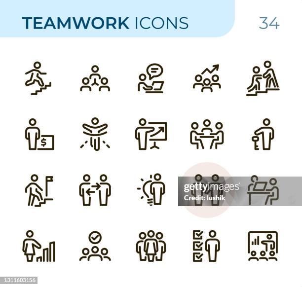 teamwork - pixel perfect unicolor line icons - first interview stock illustrations