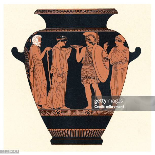 old engraved illustration of ancient greek vase, pottery of ancient greece - ancient greece vase stock pictures, royalty-free photos & images