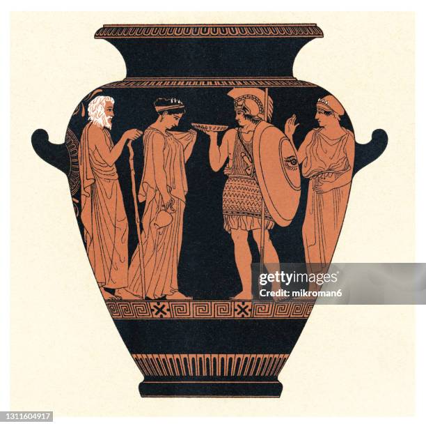 old engraved illustration of ancient greek vase, pottery of ancient greece - ancient greece stock pictures, royalty-free photos & images