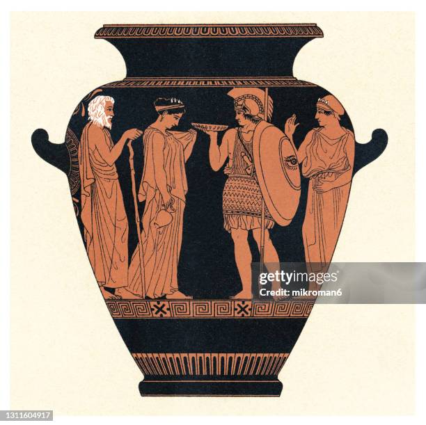 old engraved illustration of ancient greek vase, pottery of ancient greece - grécia antiga imagens e fotografias de stock