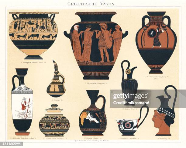 old engraved illustration of ancient greek vase, pottery of ancient greece - ancient pottery stock pictures, royalty-free photos & images