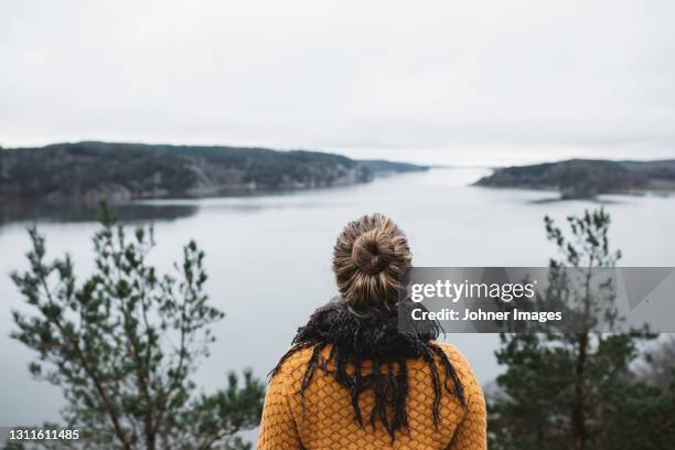 woman looking at sea - hair bun scarf woman stock pictures, royalty-free photos & images