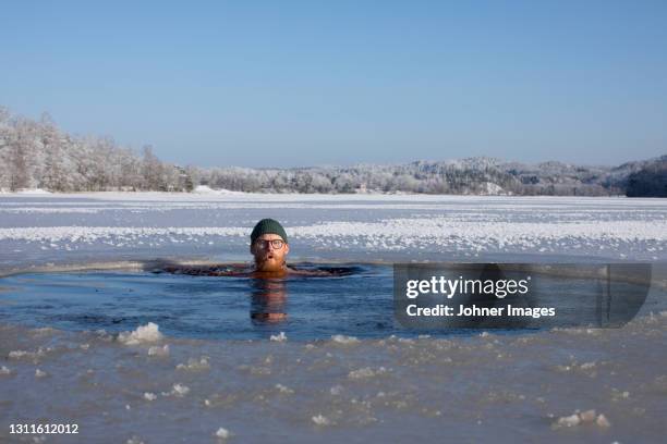 man swimming in frozen lake - sverige vinter bildbanksfoton och bilder