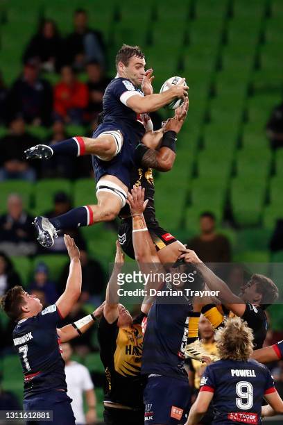 Josh Kemeny of the Rebels catches the ball from a line out during the round eight Super RugbyAU match between the Melbourne Rebels and the Western...