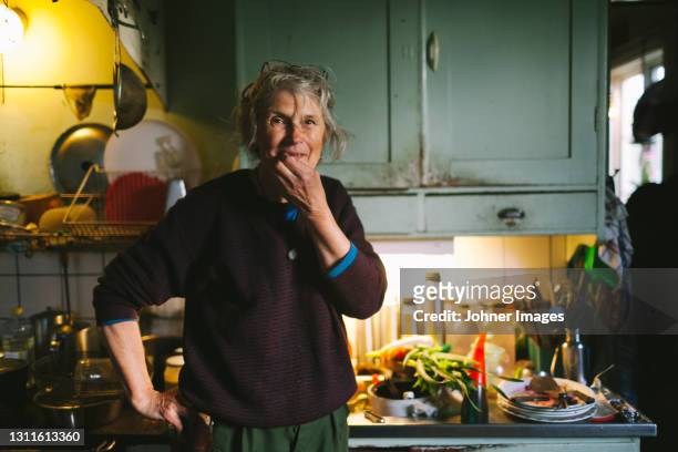 smiling woman in kitchen looking at camera - british academy film awards portraits stock pictures, royalty-free photos & images