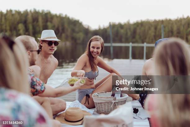 friends having picnic at lake - johner images bildbanksfoton och bilder