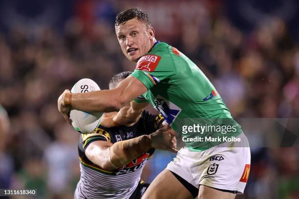 Jack Wighton of the Raiders is tackled during the round five NRL match between the Penrith Panthers and the Canberra Raiders at BlueBet Stadium on...