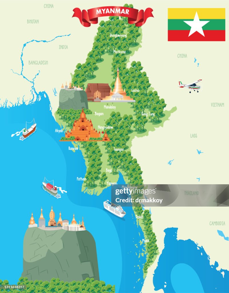 Myanmar Map and Mount Popa