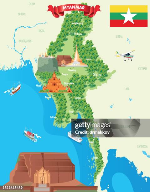 myanmar map, burma - mount popa stock illustrations