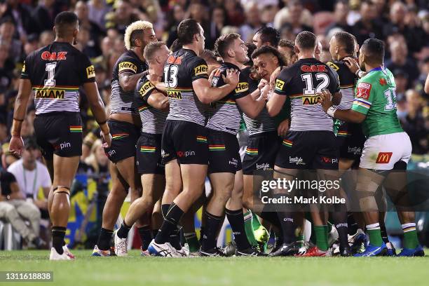 Players scuffle during the round five NRL match between the Penrith Panthers and the Canberra Raiders at BlueBet Stadium on April 09 in Sydney,...