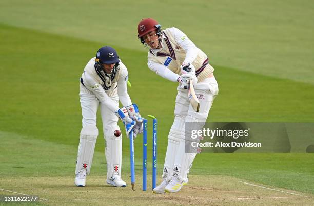 Tom Banton of Somerset is bowled by Ethan Bamber of Middlesex as John Simpson watches on during Day Two of the LV= Insurance County Championship...