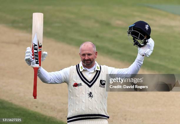 Darren Stevens of Kent celebrates after scoring a century during the LV=Insurance County Championship match between Northamptonshire and Kent at The...