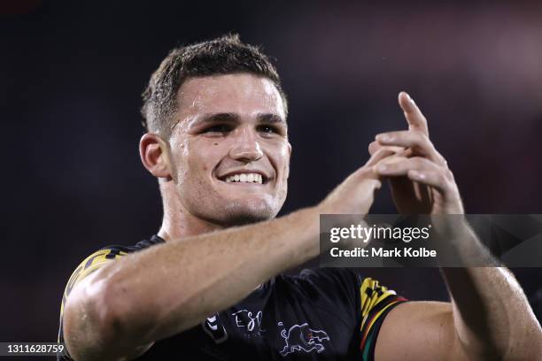 Nathan Cleary of the Panthers waves to the crowd after winning the round five NRL match between the Penrith Panthers and the Canberra Raiders at...