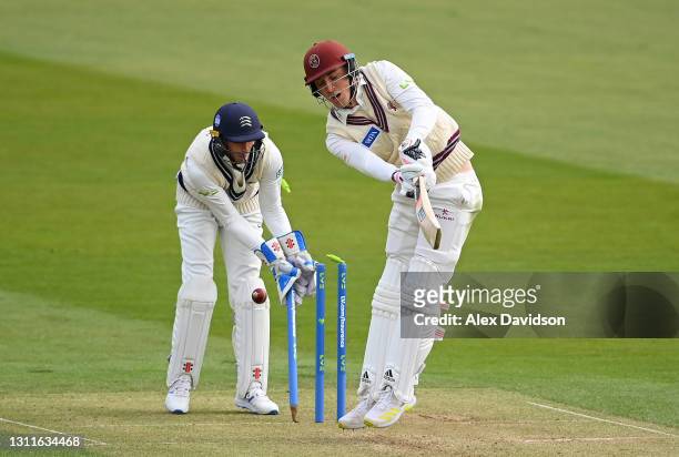 Tom Banton of Somerset is bowled by Ethan Bamber of Middlesex as John Simpson watches on during Day Two of the LV= Insurance County Championship...