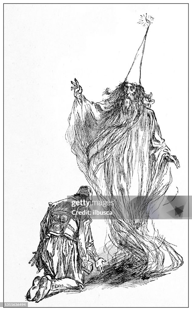 Antique illustration: Ali and the wizard