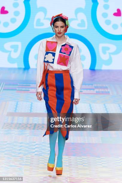 Model walks the runway at the Agatha Ruiz de la Prada fashion show during Mercedes Benz Fashion Week Madrid April 2021 at Ifema on April 09, 2021 in...