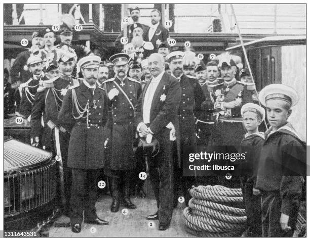 antique black and white photograph: félix faure, french president and nicholas ii of russia - italy election stock illustrations