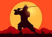 Vector Illustration Sillhouette Of Samurai Worrior With Sword On Sunset Backgound