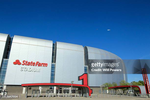 Aerial Banner Flying Over State Farm Stadium To Thank Senators Sinema & Kelley For The American Rescue Act at State Farm Stadium on April 08, 2021 in...