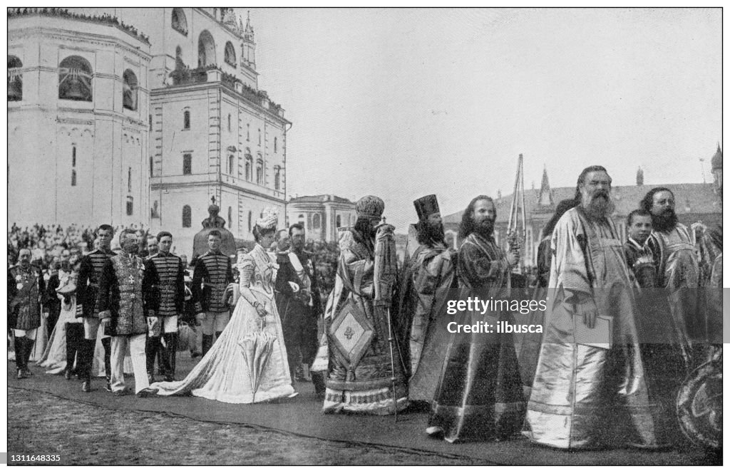 Antikes Schwarz-Weiß-Foto: Nikolaus II. von Russland, Zeremonie in Moskau