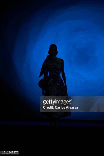 Model walks the runway at the Hannibal Laguna fashion show during Mercedes Benz Fashion Week Madrid April 2021 at Ifema on April 09, 2021 in Madrid,...