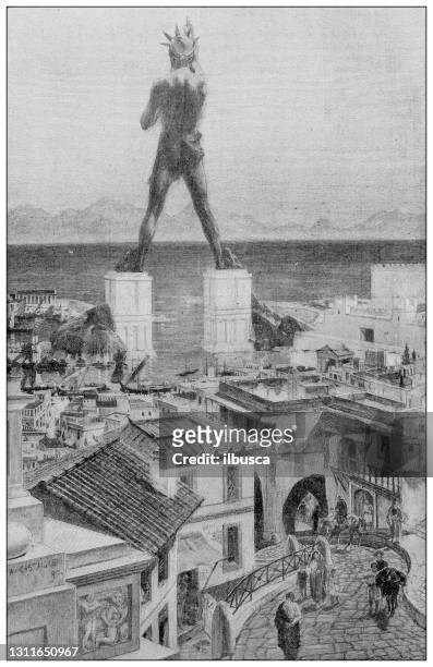 antique illustration: seven wonders of the ancient world, colossus of rhodes - rhodes,_new_south_wales stock illustrations