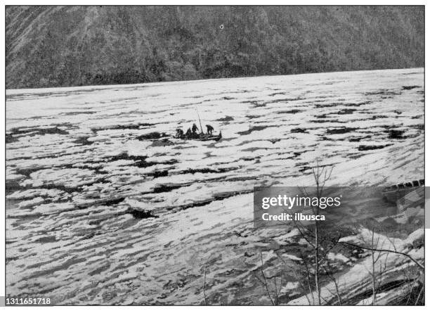 antique black and white photograph: klondike gold rush, river yukon - klondike gold rush national historic park stock illustrations