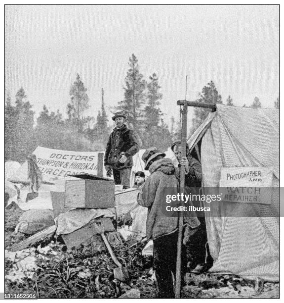 antique black and white photograph: klondike gold rush - klondike gold rush national historic park stock illustrations