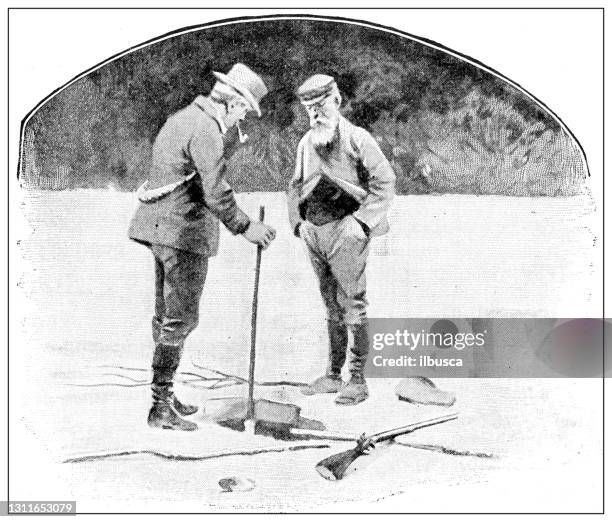 antique black and white photograph: klondike gold rush, fishing through ice - ice fishing stock illustrations