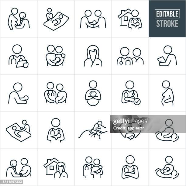 illustrazioni stock, clip art, cartoni animati e icone di tendenza di icone della linea sottile per la gravidanza e il parto - ictus modificabile - obstetrician