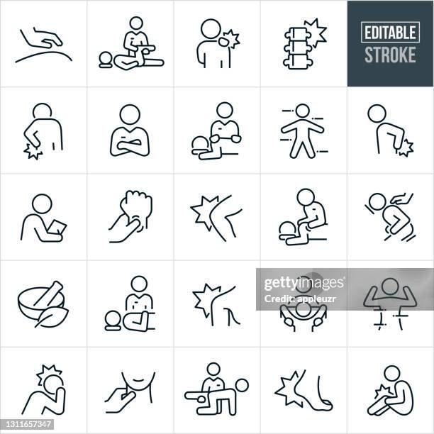 osteopathie dünne linie icons - editierbare schlaganfall - masseur stock-grafiken, -clipart, -cartoons und -symbole