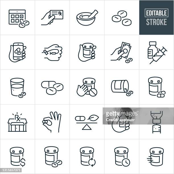 medications thin line icons - editable stroke - human hand stock illustrations