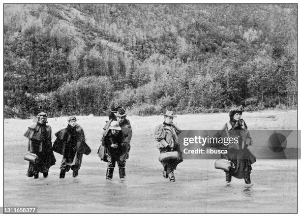 antique black and white photograph: klondike gold rush, troupe of actresses in dawson - klondike gold rush national historic park stock illustrations