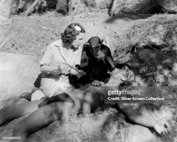 Actress Maureen O'Sullivan as 'Jane Parker' and actor Johnny Weissmuller as 'Tarzan' in film 'Tarzan the Ape Man', 1932.