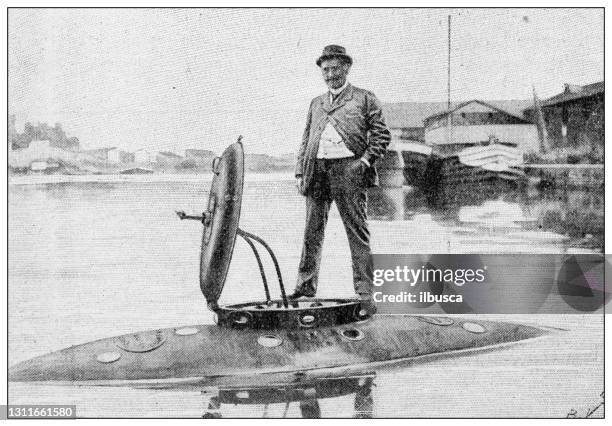antique black and white photograph: submarine - italian sub stock illustrations