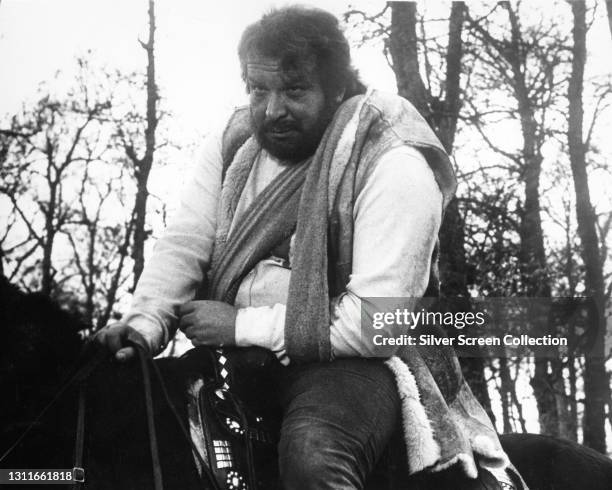 Actor Bud Spencer riding a horse, circa 1980.