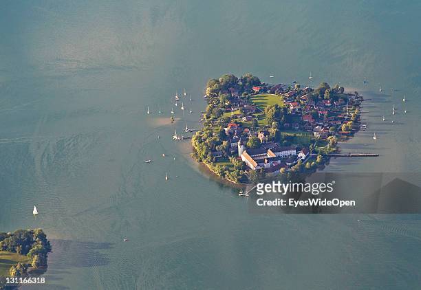 Aerial view, landscape and panoramic view from a balloon on the lake of Chiemsee and the Fraueninsel on August 11, 2011 in Aschau a. Lake Chiemsee,...