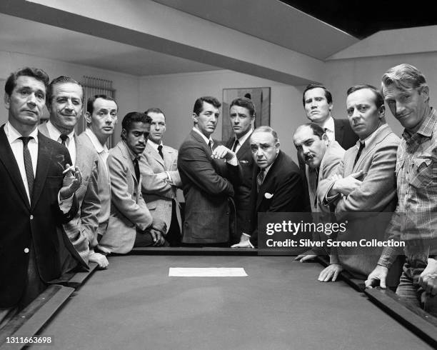 The cast of the film 'Ocean's 11'; : Richard Conte , Buddy Lester, , Joey Bishop, Sammy Davis Jr. , Frank Sinatra , Dean Martin , Peter Lawford ,...