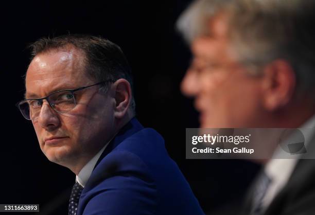 Tino Chrupalla and Joerg Meuthen, co-heads of the right-wing Alternative for Germany political party, speak to the media on the eve of the AfD...