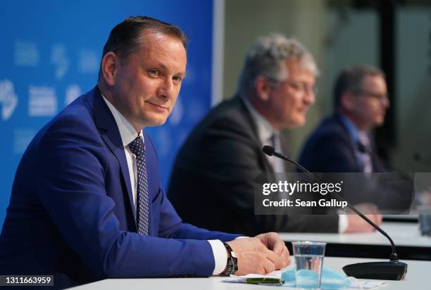 Tino Chrupalla and Joerg Meuthen , co-heads of the right-wing Alternative for Germany political party, speak to the media on the eve of the AfD...