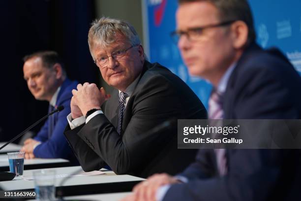 Tino Chrupalla and Joerg Meuthen , co-heads of the right-wing Alternative for Germany political party, speak to the media on the eve of the AfD...