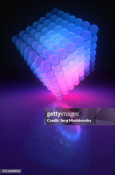 a neon cube of glass spheres glows blue and purple in the night room. 3d render illustration - installation art stock pictures, royalty-free photos & images